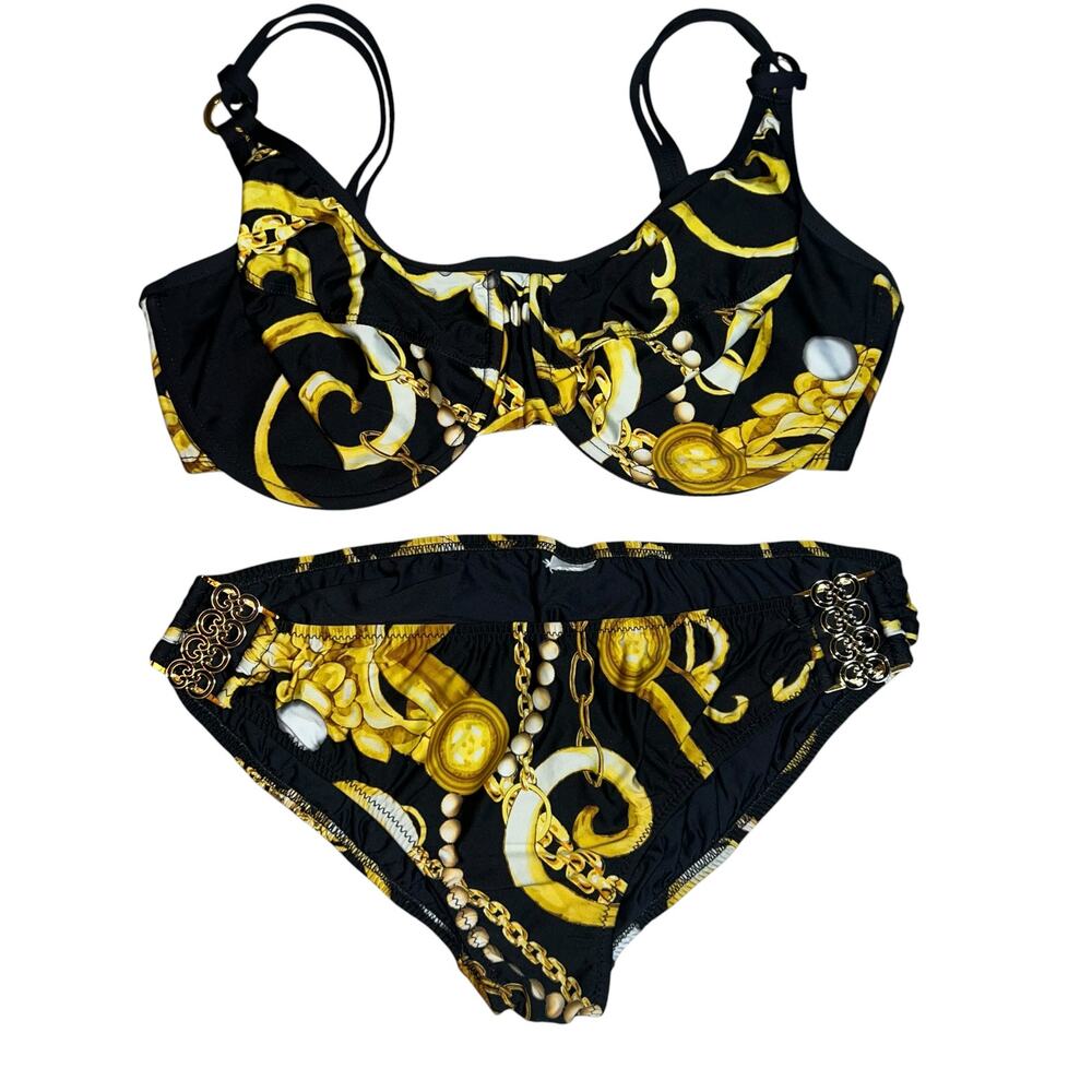 Tara Grinna Gold and Black chain print bikini 38-42E gold tone hardware women